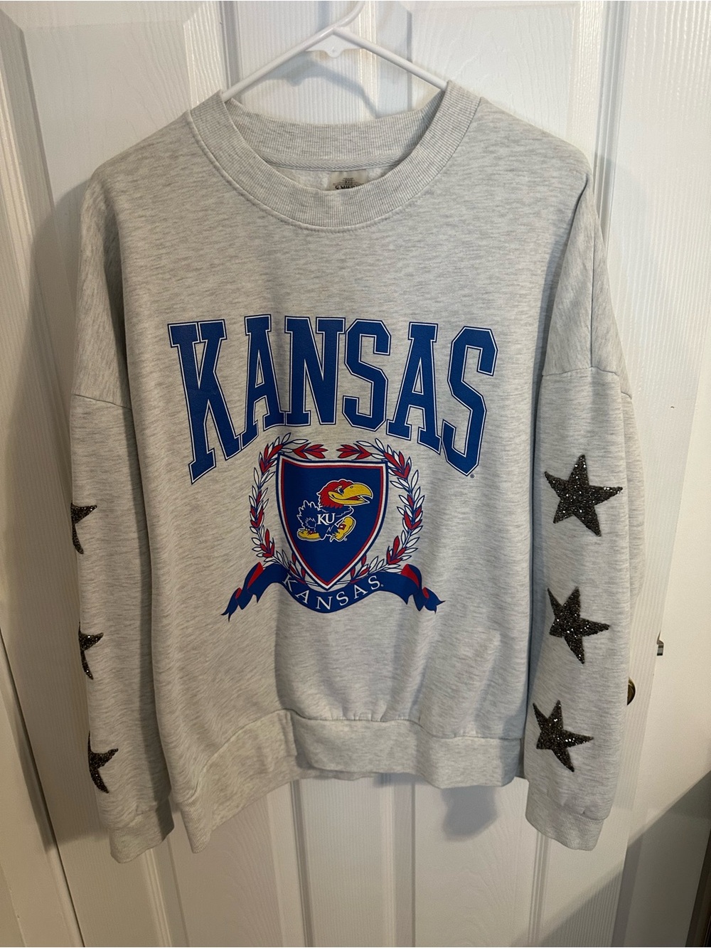Game Day Couture Kansas Jayhawks Sweatshirt with Glitter Star Sleeves